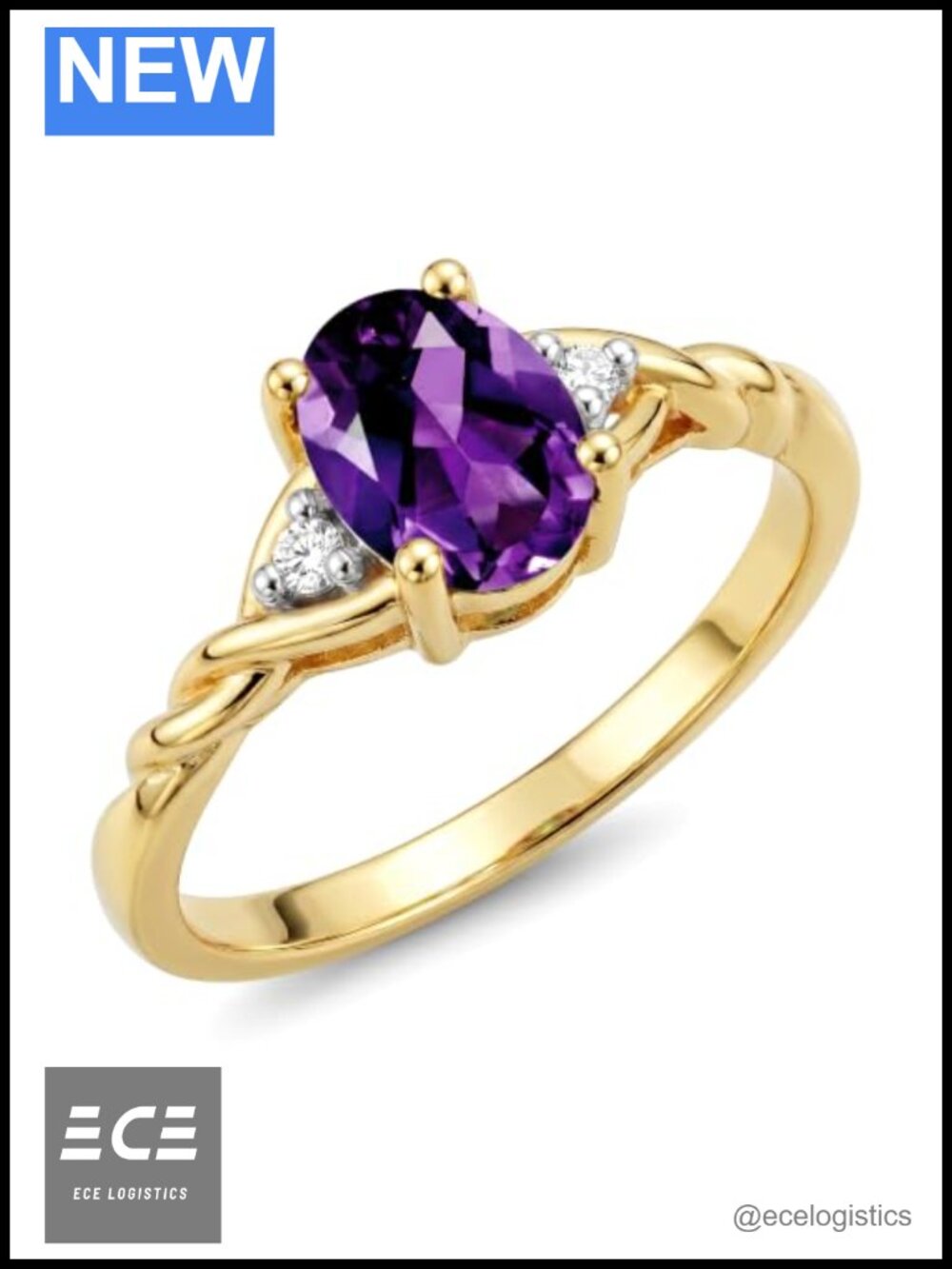 14K Gold Plated Silver Oval Amethyst Diamond Birthstone Ring Size 8